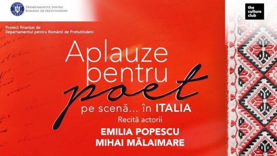 Trei săli pline cu români din diaspora, la Roma, Milano și Bologna, veniți la spectacolul "Aplauze pentru poet pe scena...în Italia", susținut de actorii Mihai Mălaimare și Emilia Popescu