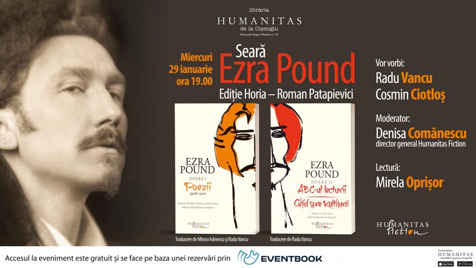 Seară dedicată lui Ezra Pound poet și eseist, reprezentant de marcă al modernismului literar și unul dintre cei mai inovatori gânditori ai secolului XX la Librăria Humanitas de la Cișmigiu – miercuri, 29 ianurarie, ora 19.00