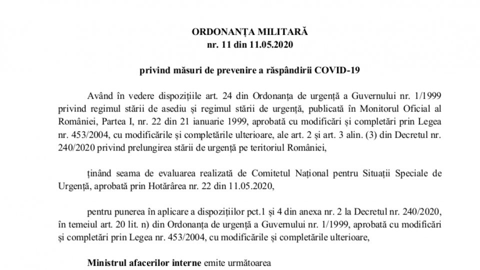 ORDONANȚA MILITARĂ nr. 11 din 11.05.2020 privind măsuri de prevenire a răspândirii COVID-19
