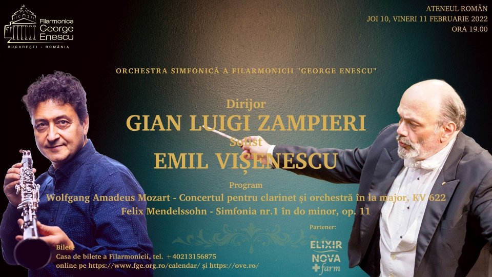 Dirijorul Gian Luigi Zampieri şi clarinetistul Emil Vişenescu, în stagiunea Filarmonicii „George Enescu”