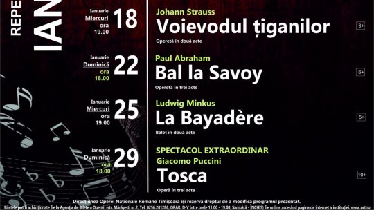Spectacole la Opera Nationala Romana din Timisoara in lunile ianuarie 2023 si februarie 2023