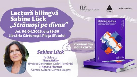 “Strămoși pe divan” – lectură bilingvă la Cărturești Brașov pe 6 aprilie în cadrul proiectului Traumă – Memorie – Vindecare ( 5-10 aprilie2023)