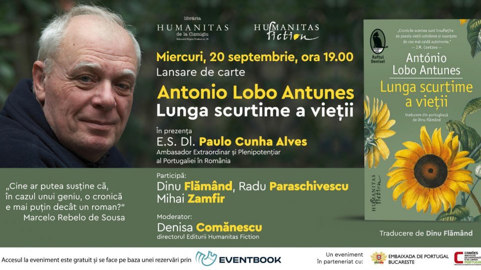 Lansarea volumului „Lunga scurtime a vieții“ de António Lobo Antunes la Librăria Humanitas de la Cișmigiu – miercuri, 20 septembrie, ora 19.00
