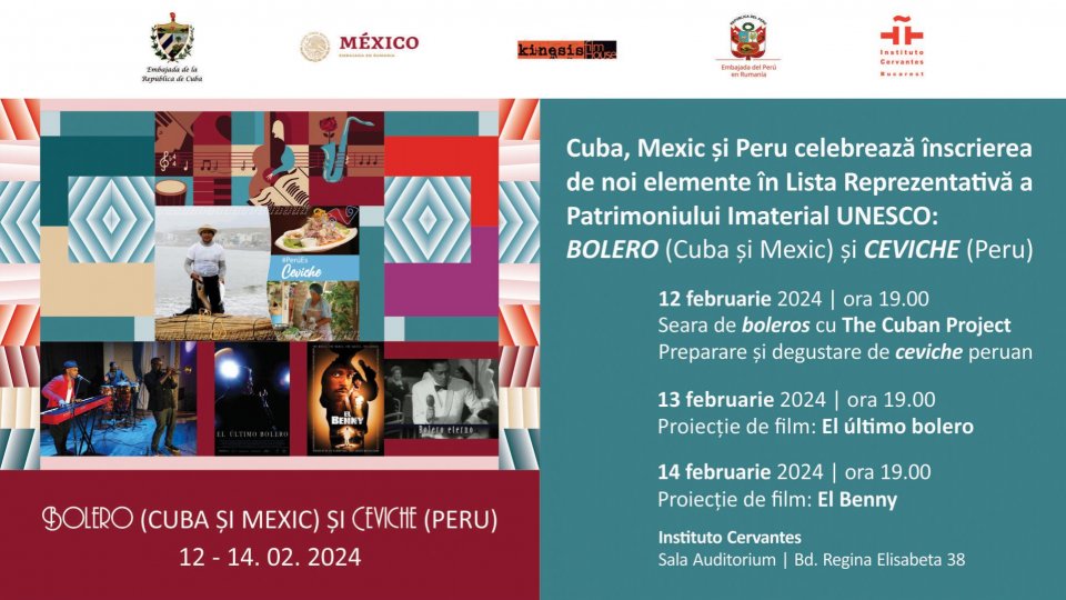 Bolero și ceviche, recent incluse în Lista reprezentativă a patrimoniului cultural imaterial al umanităţii UNESCO, serbate la Institutul Cervantes din București