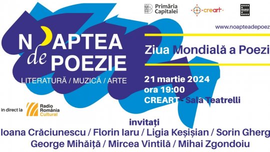 „Noaptea de Poezie” în direct la Radio România Cultural, cu Ioana Crăciunescu, Florin Iaru, George Mihăiță și Mircea Vintilă