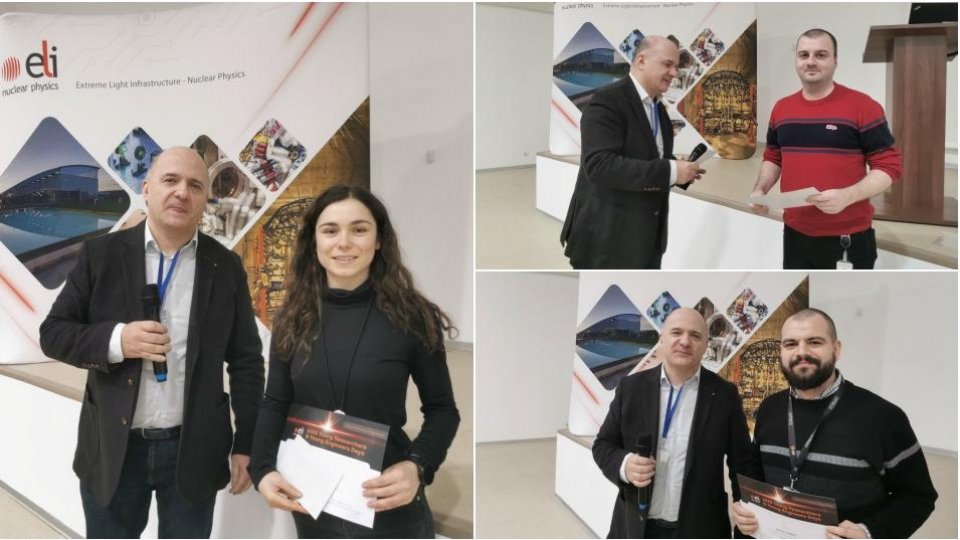 Ștefan Popa, Ștefania Ionescu și Bogdan Corobean - câștigători la Secțiunea ”Tineri Cercetători” din cadrul competiției „Zilele Tinerilor Cercetători și Tinerilor Ingineri de la ELI-NP”