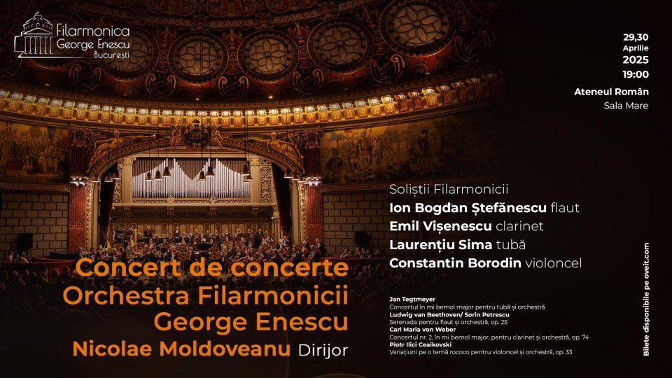 Concerte pentru clarinet, flaut, tubă și violoncel, cu muzicieni ai Filarmonicii George Enescu ca soliști și cunoscutul dirijor Nicolae Moldoveanu, pe 29 și 30 aprilie