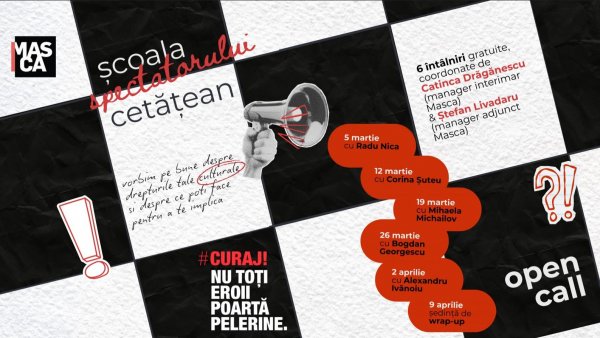 Open Call pentru spectatori activi: Școala spectatorului-cetățean la Teatrul Masca (martie-aprilie 2026)