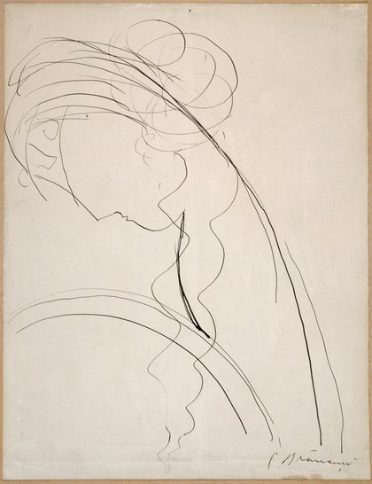 Constantin Brancusi, Dessin d'après "La jeune fille au miroir", 1916-1930, Tinte auf Kartonpapier, Foto: Centre Pompidou, MNAM-CCI/Philippe Migeat/Dist. GrandPalaisRmn, © Succession Brancusi - All rights reserved / VG Bild-Kunst, Bonn 2025